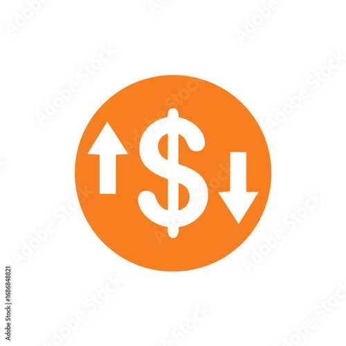 Orange circle with white dollar sign and arrows up and down finance money