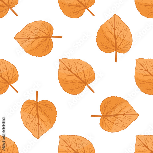 Hand drawn vintage seamless pattern of autumn linden leaves in orange rustic style for seasonal thanksgiving harvest design