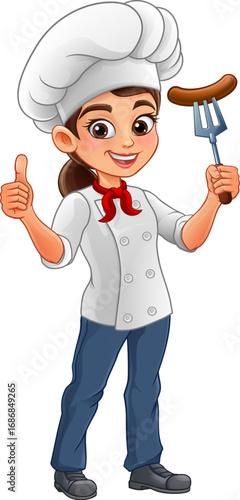 Cartoon female woman chef character in uniform with hat scarf giving thumbs up and holding a hot dog sausage on fork. Happy lady cook, girl chef mascot for restaurant, barbecue, menu or grill design.