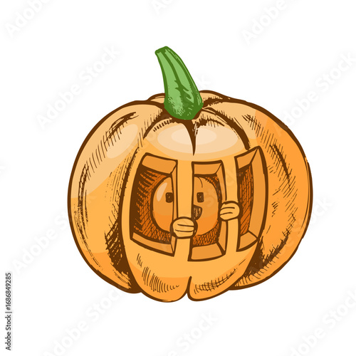Hand drawn vintage sketch of halloween pumpkin with funny face behind bars in spooky orange festive illustration