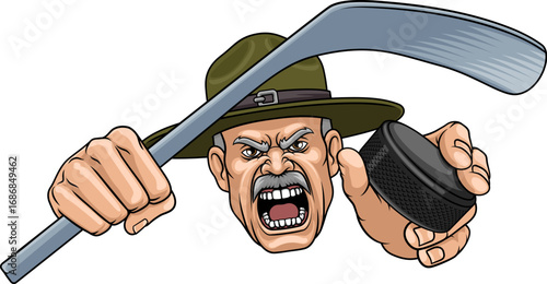 An angry drill instructor or sergeant bootcamp army soldier cartoon character holding hockey stick and puck ice hockey sports team mascot illustration.