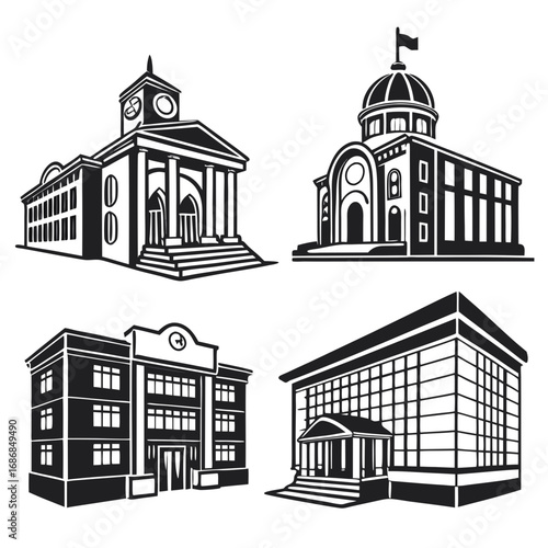 Four black and white building silhouettes architecture school