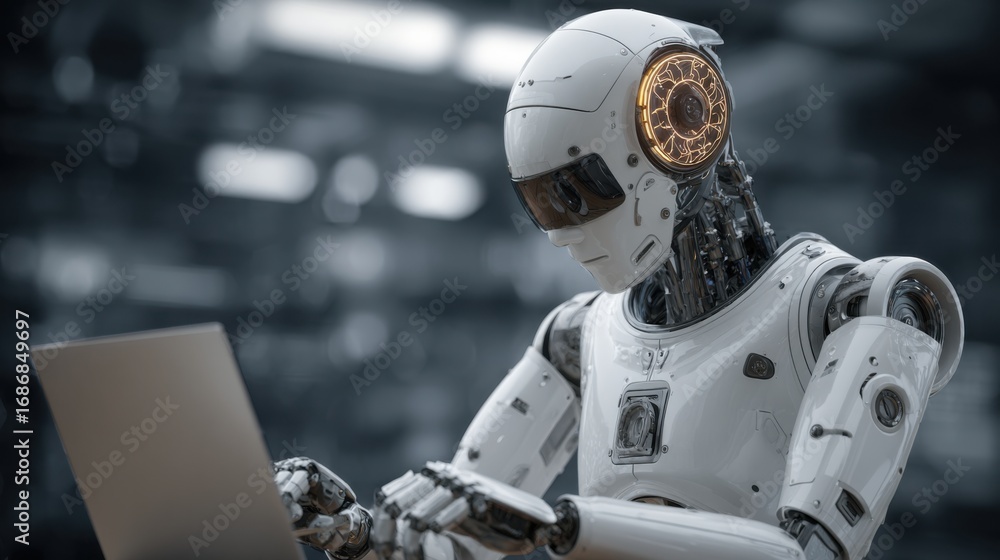 Fototapeta premium robot using laptop futuristic technology