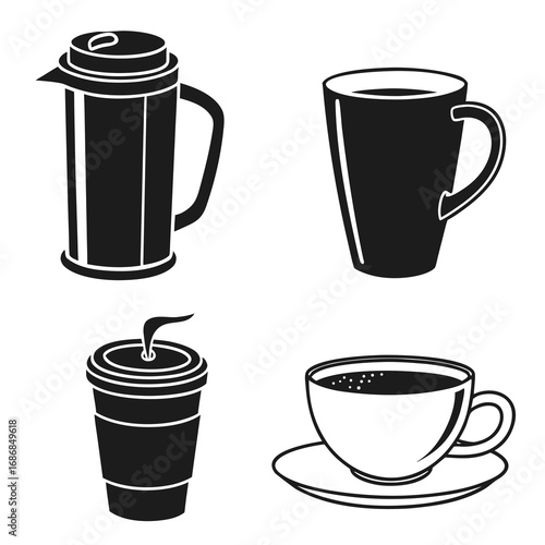 Four black coffee cup styles french press takeaway mug saucer cups takeaway cup
