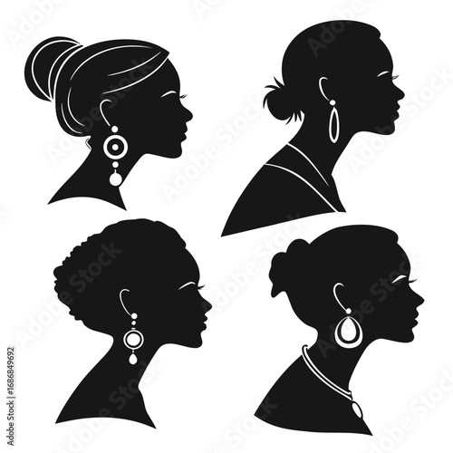 Four black female profile silhouettes wearing earrings white