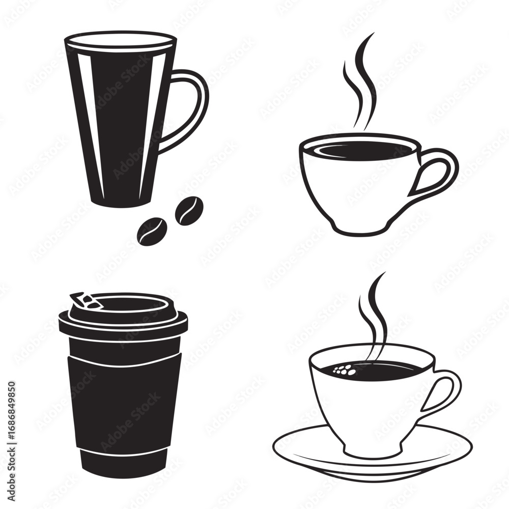 Obraz premium Four coffee cup styles hot beverage steam coffee beans coffee mug takeaway cup