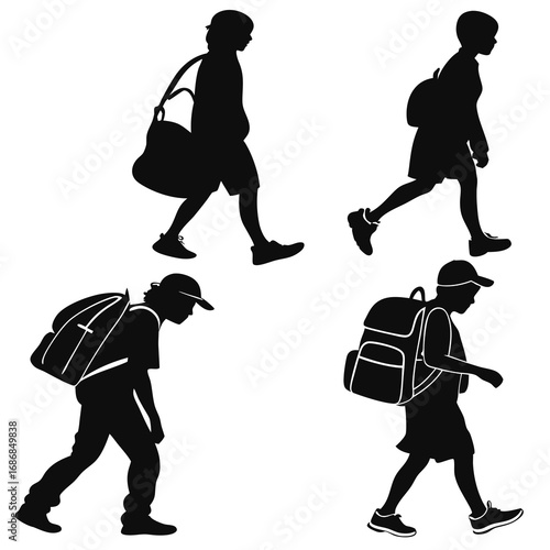 Four children walking with backpacks school bags silhouettes