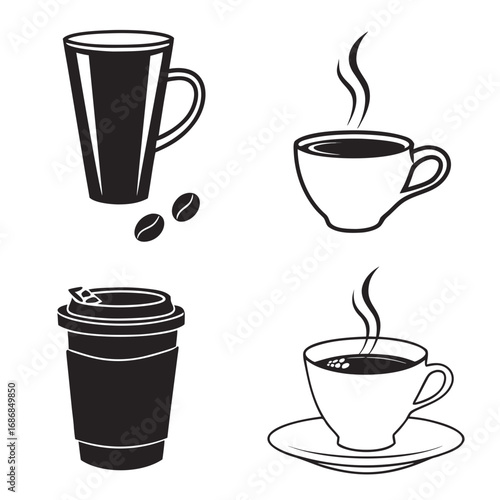 Four coffee cup styles hot beverage steam coffee beans coffee mug takeaway cup