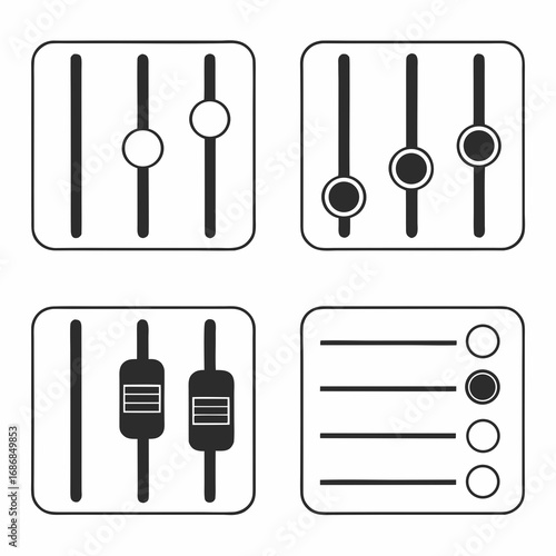 Four control panel icons with sliders and toggles audio