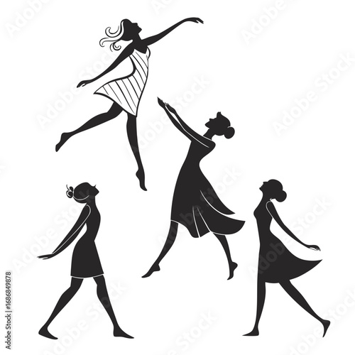 Four dancing women silhouettes in graceful poses ballet