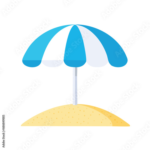 Blue and white striped beach umbrella on sand vector