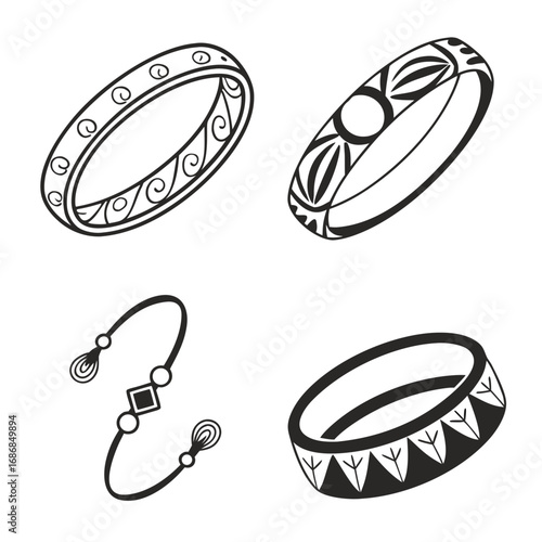 Four decorative bracelets and bangles with tribal patterns jewelry accessory