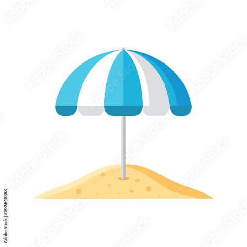 Blue and white striped beach umbrella on sand vector