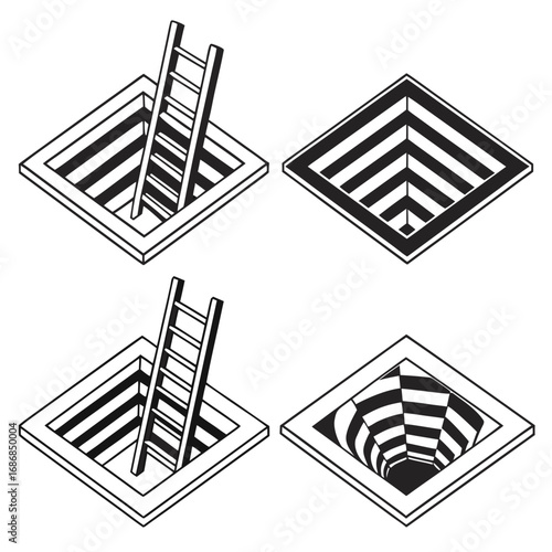 Four isometric optical illusion shapes with ladders and striped pits vector