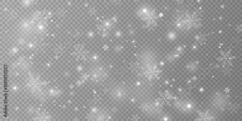 Christmas background with large snowflakes. Crystalline snow particles. White transparent design with snow imagery. Whirling snowflakes, January theme. Landscape with snowstorm.