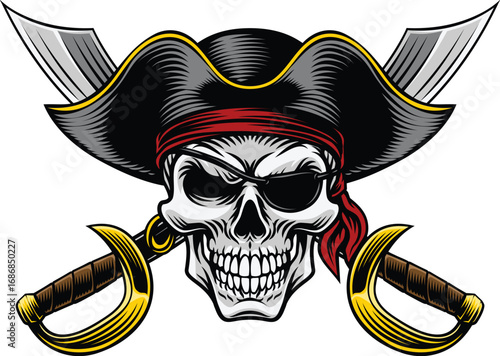 Pirate skull crossbones wearing a tricorn captain hat, eyepatch with crossing sabers or scimitar cutlass pirate swords. In a vintage retro woodcut style.
