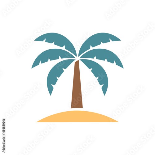 Tropical palm tree on sandy island with teal fronds beach