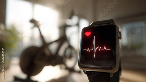 A fitness smartwatch displaying heart rate tracking after an intense workout, highlighting the role of technology in monitoring cardiovascular health. The blurred background of a stationary bike adds 