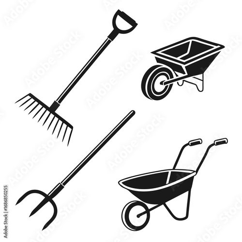 Garden tools rake pitchfork wheelbarrow silhouettes landscaping tools