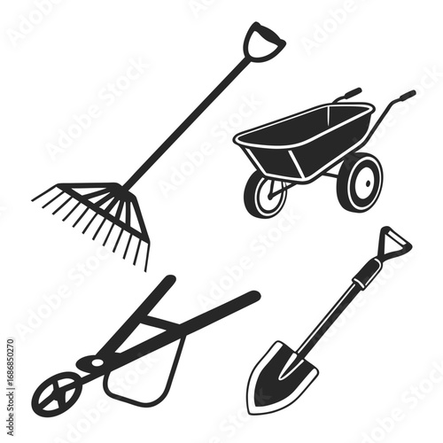 Garden tools rake shovel wheelbarrow cart landscaping