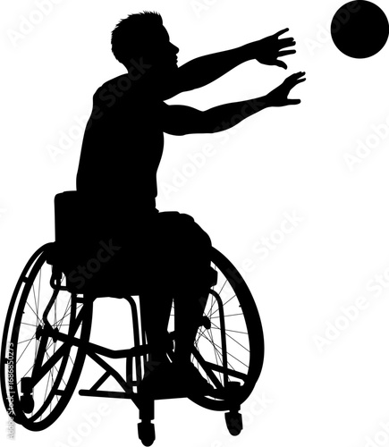 Silhouette of a male wheelchair basketball player making a two-handed pass while facing forward.