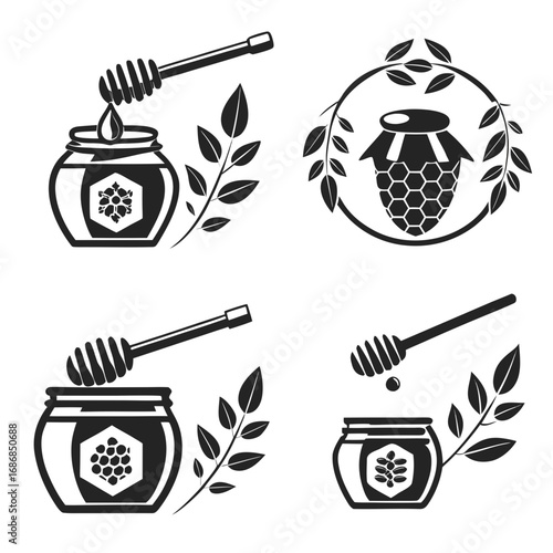 Honey jars with dippers and leaves dripping leaf