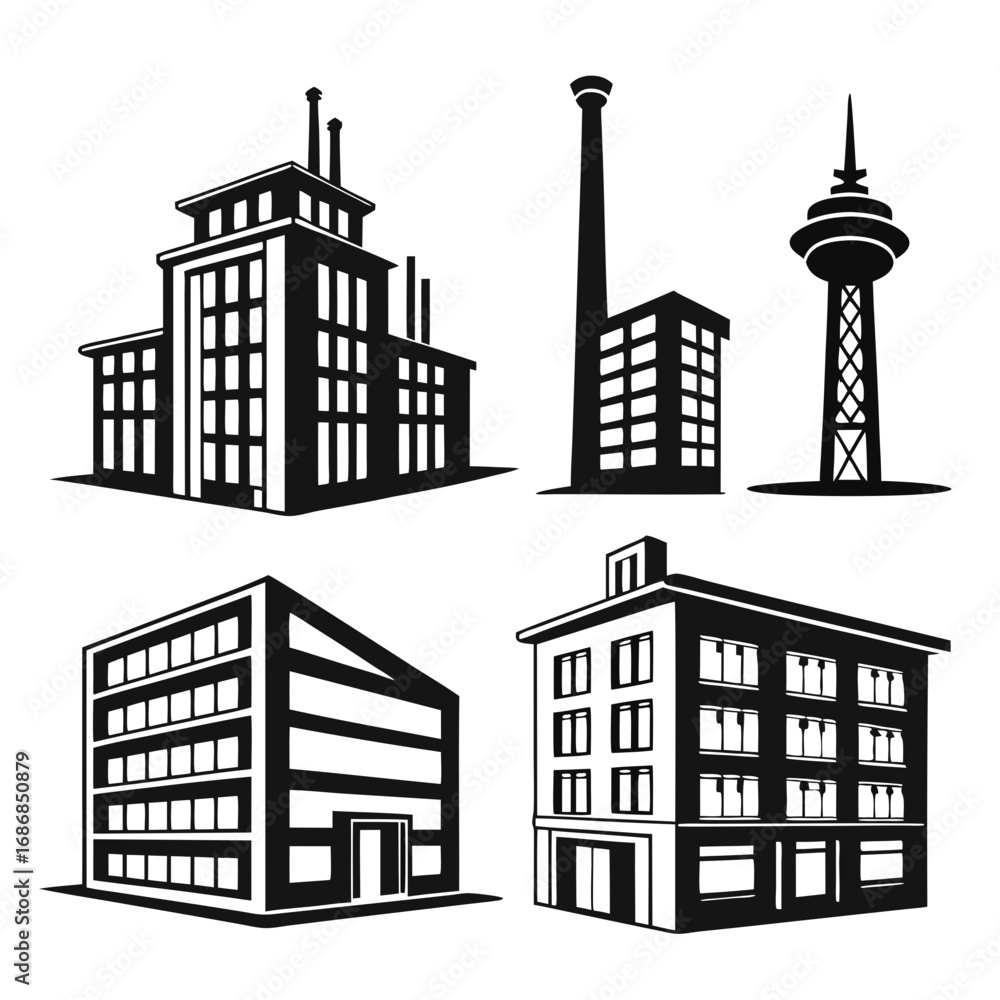 Fototapeta premium Industrial factory tower modern building silhouettes vector