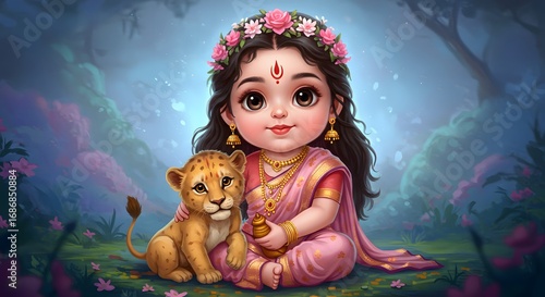 Adorable baby girl with lion cub, wearing floral crown, enchanting fantasy illustration