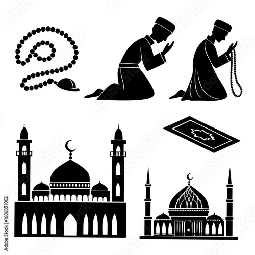 Islamic prayer icons silhouettes mosques prayer beads vector