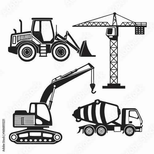 Loader excavator crane cement truck silhouettes construction vehicles
