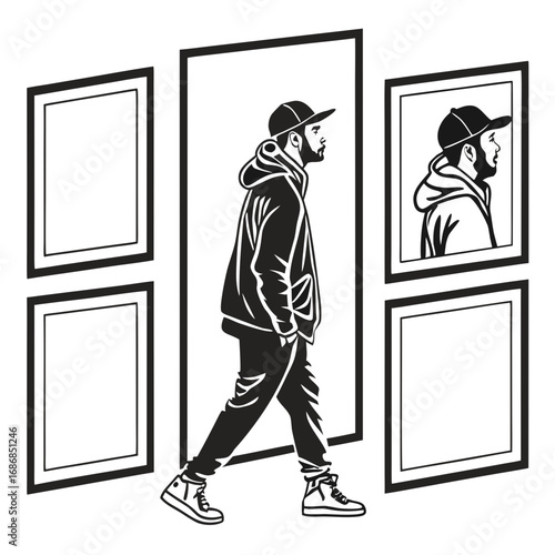 Man walking through framed art gallery display vector