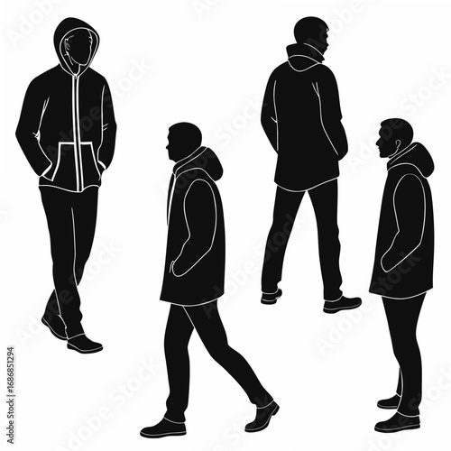 Men in hooded jackets different poses silhouettes walking
