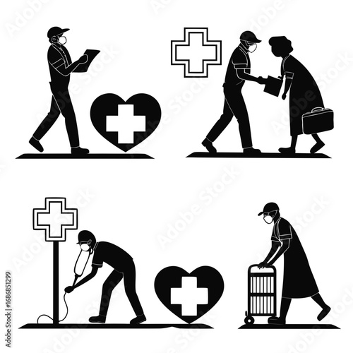 Medical professionals assisting patients with care and equipment healthcare assistance