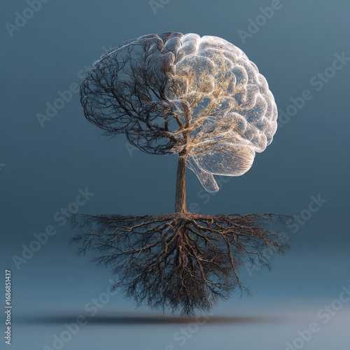 Brain made of roots and branches symbolizing knowledge tree