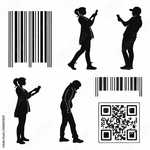 People scanning barcodes and qr codes silhouette