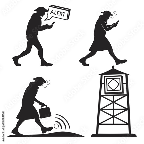People using phones and a tower silhouette alert