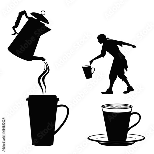 Pouring coffee into takeaway cup person adding sugar to espresso steam