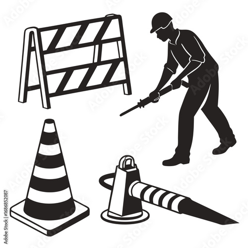 Roadwork barrier traffic cone jackhammer worker vector