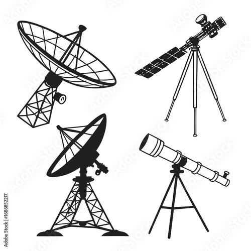 Satellite dishes and telescopes on tripods space astronomy