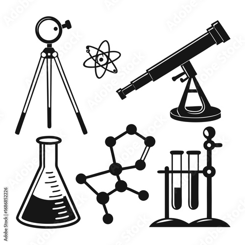 Science laboratory equipment and molecular models telescope tripod