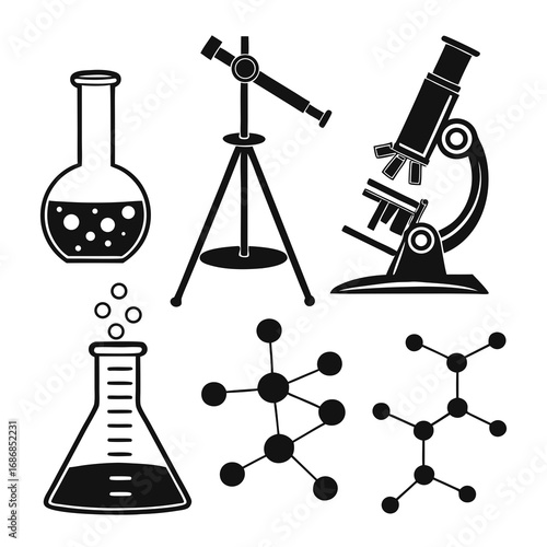 Science laboratory equipment and molecular structures beaker flask