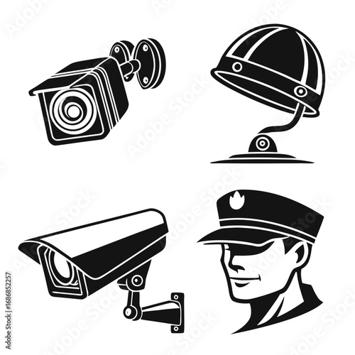 Security cameras and guard helmet uniform surveillance