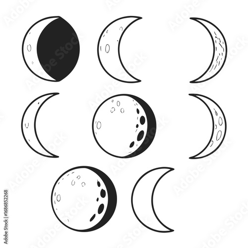 Set of nine moon phases in silhouette and outline crescent moon gibbous moon