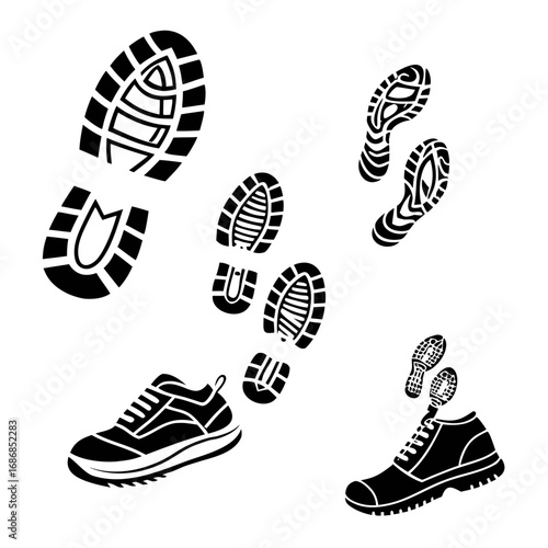 Shoe sole prints and athletic footwear silhouettes hiking boots running shoes