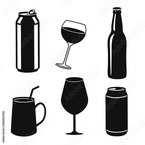 Six beverage containers including cans glasses and bottle drink