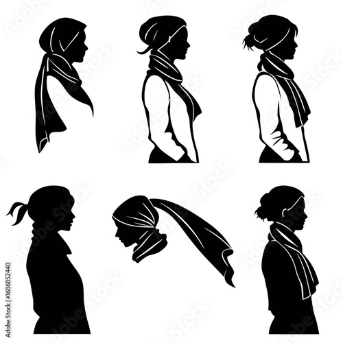 Six female profiles wearing headscarves and shawls silhouette headscarf