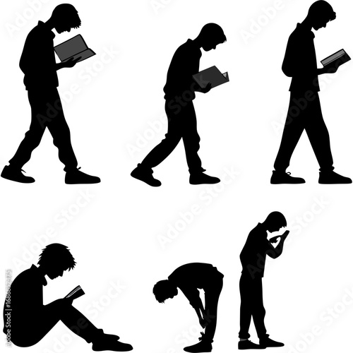 Six silhouettes of students reading books and devices vector