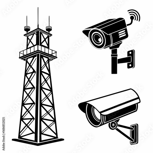 Tower and surveillance cameras black silhouette security cctv