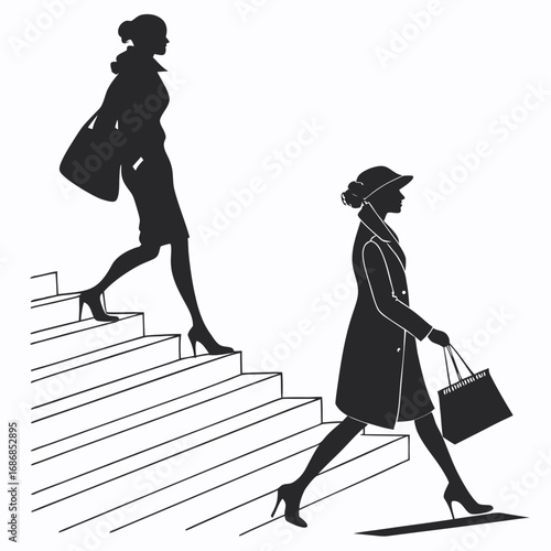 Two women walking with shopping bags on stairs and ground silhouette fashion