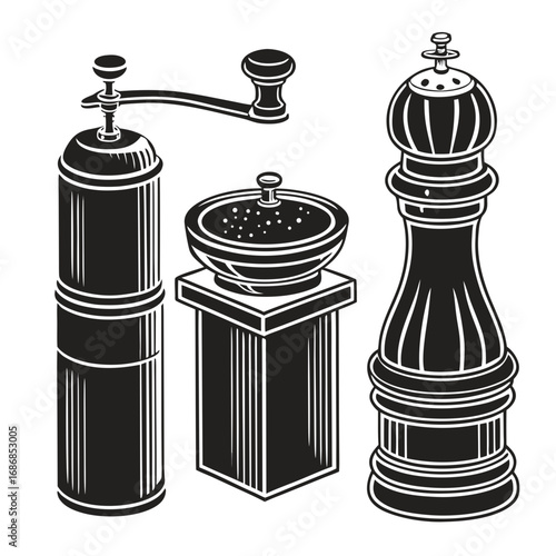 Vintage spice grinders and salt cellar kitchenware black and white